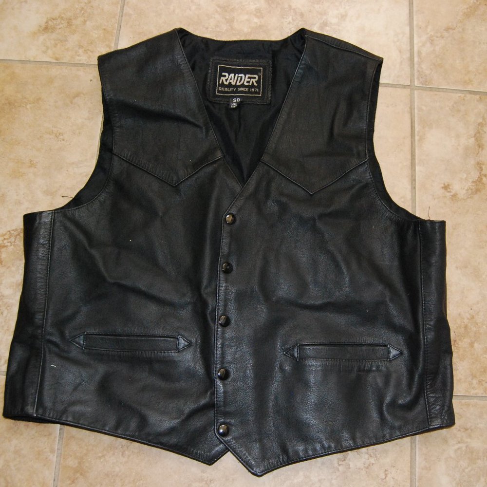 Raider All Black Leather Motorcycle Vest US MEN'S SIZE 50